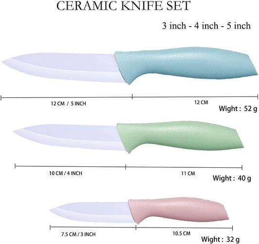 3 Pieces Ceramic knife set, 3-Inch 4 Inch 5-Inch Colorful Knife Set with Sheaths Covers, Zirconia Blade and Ergonomic handle,Use for meat fruit vegetable Bread and Butter. (pink green blue)
