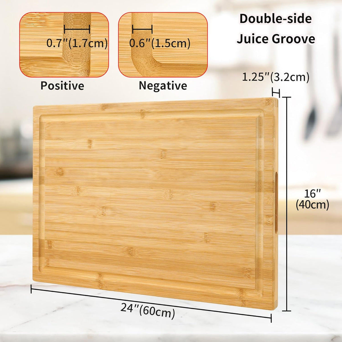 Extra Large XXXL Bamboo Cutting Board 24 x16in, Wood Butcher Block | Chopping Boards with Handle & Juice Groove, Charcuterie Tray for Turkey, Meat, Vegetables, BBQ, Over the Sink Thick 1.25"