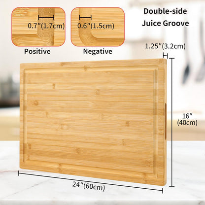 Extra Large XXXL Bamboo Cutting Board 24 x16in, Wood Butcher Block | Chopping Boards with Handle & Juice Groove, Charcuterie Tray for Turkey, Meat, Vegetables, BBQ, Over the Sink Thick 1.25"