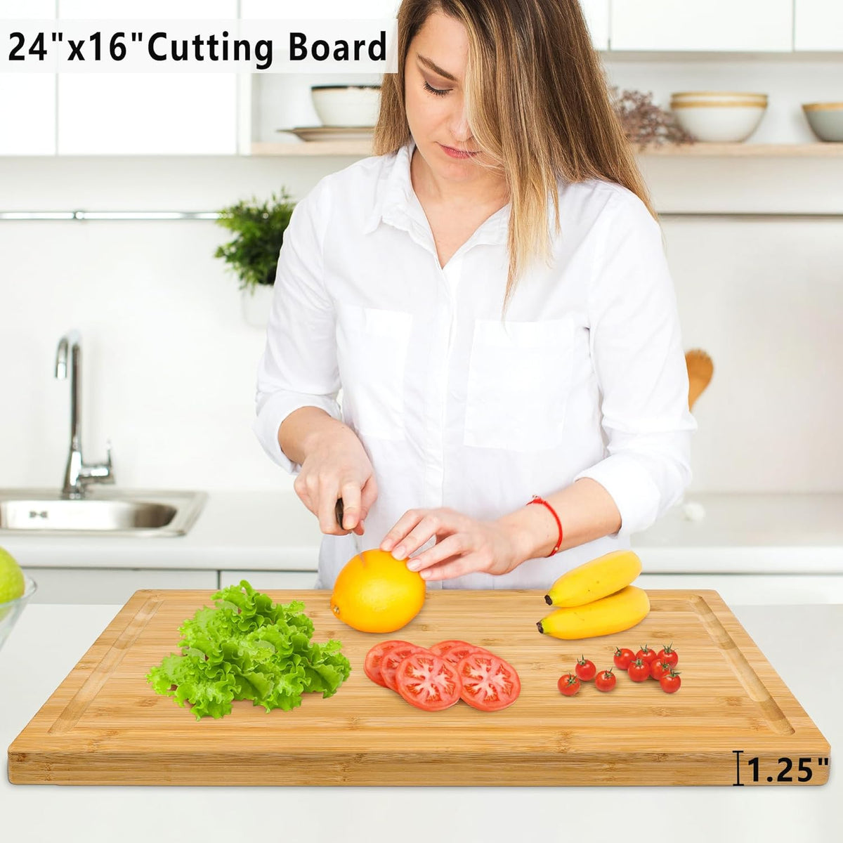 Extra Large XXXL Bamboo Cutting Board 24 x16in, Wood Butcher Block | Chopping Boards with Handle & Juice Groove, Charcuterie Tray for Turkey, Meat, Vegetables, BBQ, Over the Sink Thick 1.25"
