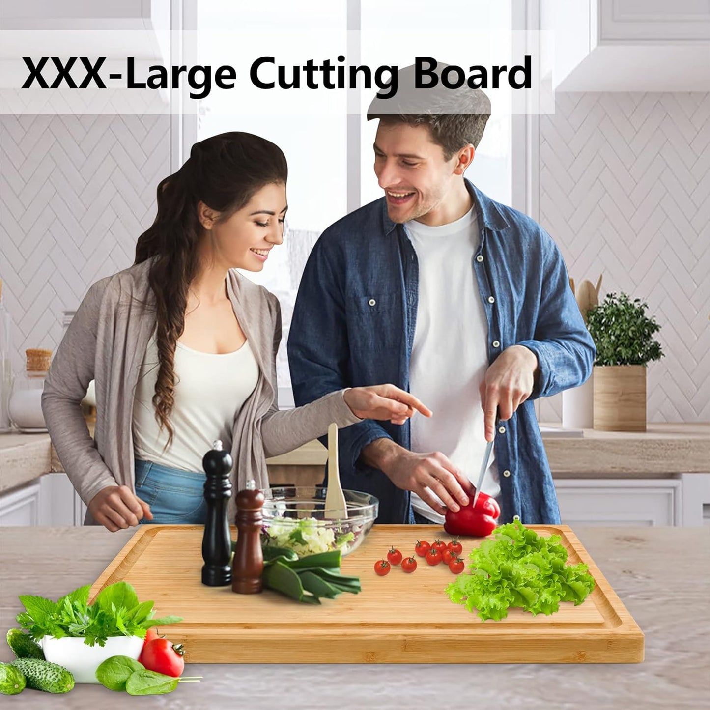 Extra Large XXXL Bamboo Cutting Board 24 x16in, Wood Butcher Block | Chopping Boards with Handle & Juice Groove, Charcuterie Tray for Turkey, Meat, Vegetables, BBQ, Over the Sink Thick 1.25"
