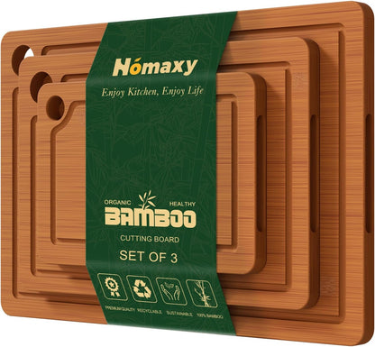 Bamboo Cutting Board for Kitchen Set of 3 | Cutting Boards with Non-Slip Mat Deep Juice Groove and Built-In Handles, Wood Chopping Board Set for Meat Fruits & Vegetables