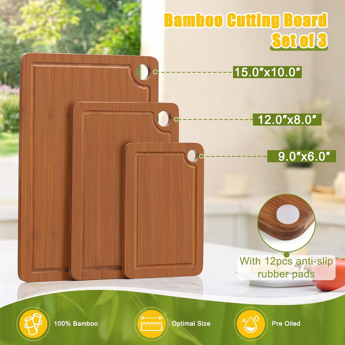 Bamboo Cutting Board for Kitchen Set of 3 | Cutting Boards with Non-Slip Mat Deep Juice Groove and Built-In Handles, Wood Chopping Board Set for Meat Fruits & Vegetables
