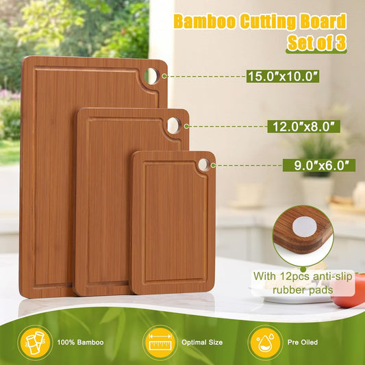 Bamboo Cutting Board for Kitchen Set of 3 | Cutting Boards with Non-Slip Mat Deep Juice Groove and Built-In Handles, Wood Chopping Board Set for Meat Fruits & Vegetables