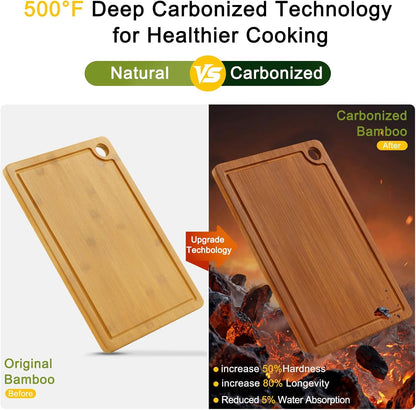 Bamboo Cutting Board for Kitchen Set of 3 | Cutting Boards with Non-Slip Mat Deep Juice Groove and Built-In Handles, Wood Chopping Board Set for Meat Fruits & Vegetables