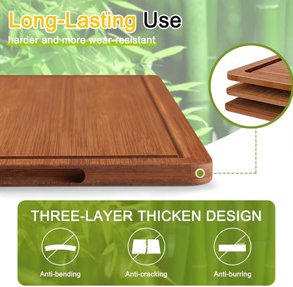 Bamboo Cutting Board for Kitchen Set of 3 | Cutting Boards with Non-Slip Mat Deep Juice Groove and Built-In Handles, Wood Chopping Board Set for Meat Fruits & Vegetables
