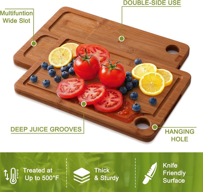 Bamboo Cutting Board for Kitchen Set of 3 | Cutting Boards with Non-Slip Mat Deep Juice Groove and Built-In Handles, Wood Chopping Board Set for Meat Fruits & Vegetables