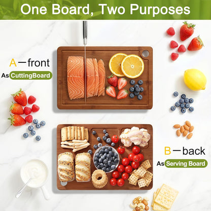 Bamboo Cutting Board for Kitchen Set of 3 | Cutting Boards with Non-Slip Mat Deep Juice Groove and Built-In Handles, Wood Chopping Board Set for Meat Fruits & Vegetables