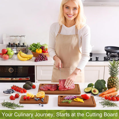 Bamboo Cutting Board for Kitchen Set of 3 | Cutting Boards with Non-Slip Mat Deep Juice Groove and Built-In Handles, Wood Chopping Board Set for Meat Fruits & Vegetables
