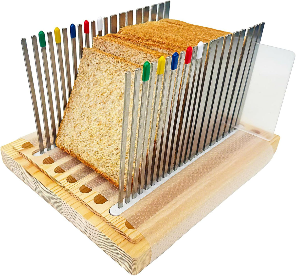 Stainless Steel Bread Slicer, Wooden Crumb Tray, 20 Protective Liners | 2 Thickness Cutting Guide, 7in Adjustable Width, 1 Bread Stopper, for Homemade Bread, Sourdough