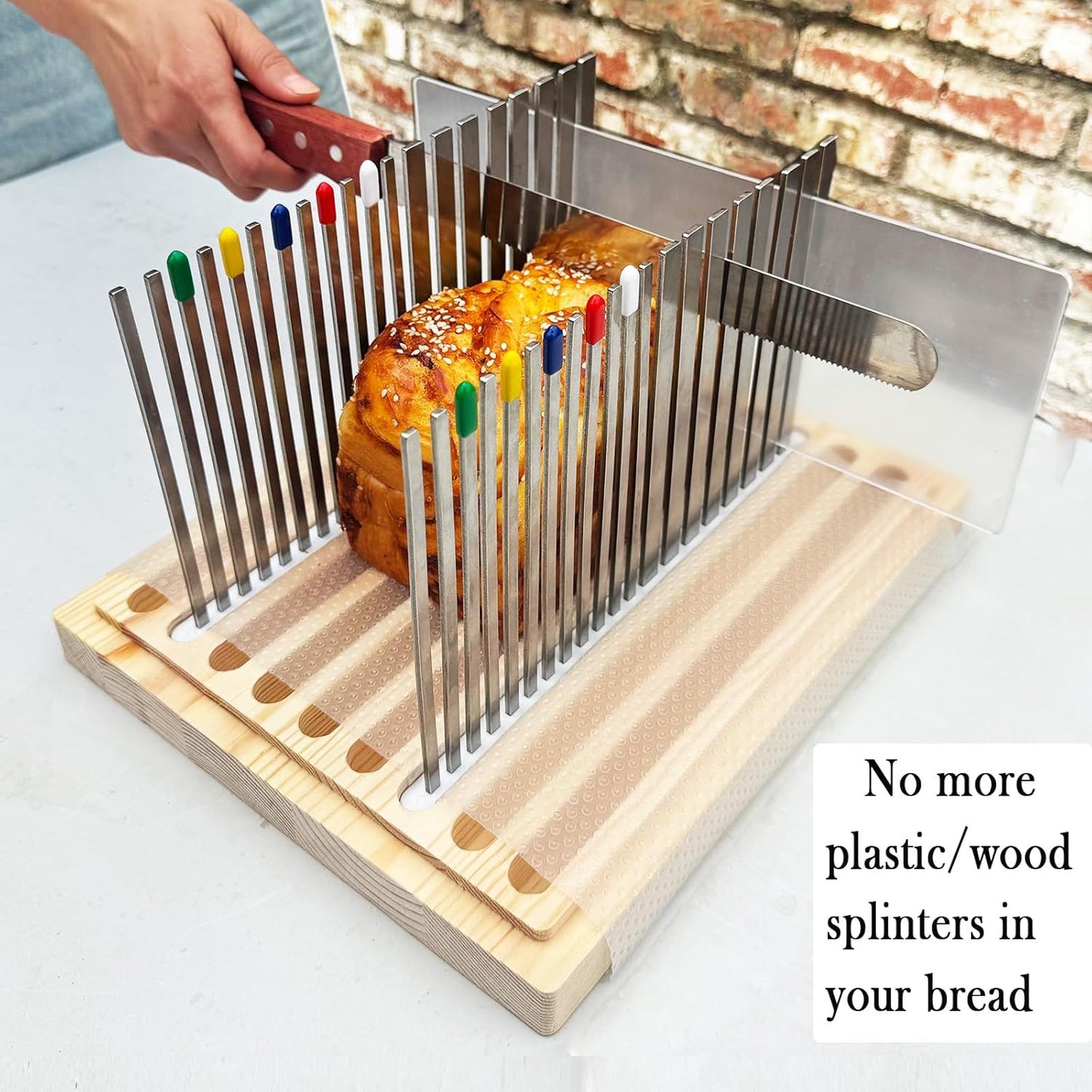 Stainless Steel Bread Slicer, Wooden Crumb Tray, 20 Protective Liners | 2 Thickness Cutting Guide, 7in Adjustable Width, 1 Bread Stopper, for Homemade Bread, Sourdough