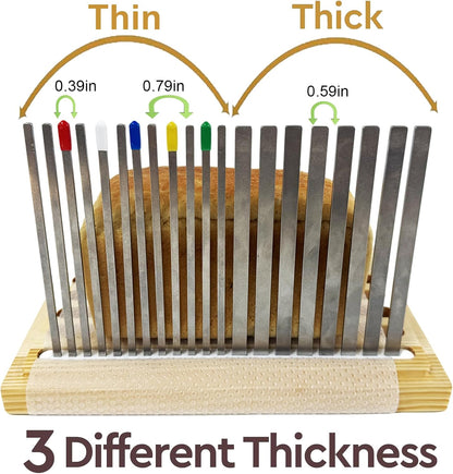 Stainless Steel Bread Slicer, Wooden Crumb Tray, 20 Protective Liners | 2 Thickness Cutting Guide, 7in Adjustable Width, 1 Bread Stopper, for Homemade Bread, Sourdough