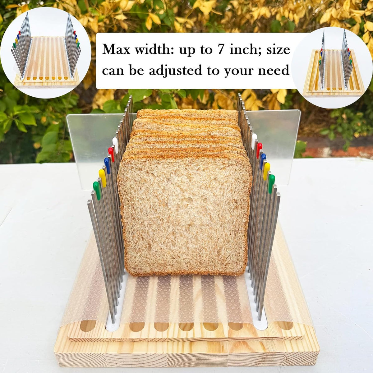 Stainless Steel Bread Slicer, Wooden Crumb Tray, 20 Protective Liners | 2 Thickness Cutting Guide, 7in Adjustable Width, 1 Bread Stopper, for Homemade Bread, Sourdough