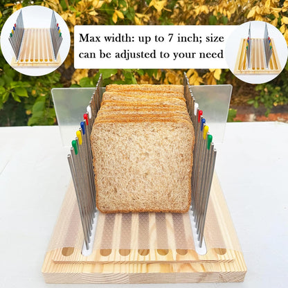 Stainless Steel Bread Slicer, Wooden Crumb Tray, 20 Protective Liners | 2 Thickness Cutting Guide, 7in Adjustable Width, 1 Bread Stopper, for Homemade Bread, Sourdough