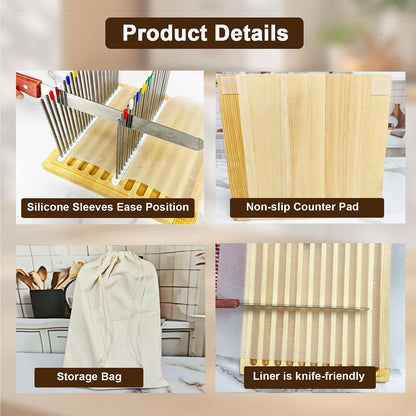 Stainless Steel Bread Slicer, Wooden Crumb Tray, 20 Protective Liners | 2 Thickness Cutting Guide, 7in Adjustable Width, 1 Bread Stopper, for Homemade Bread, Sourdough