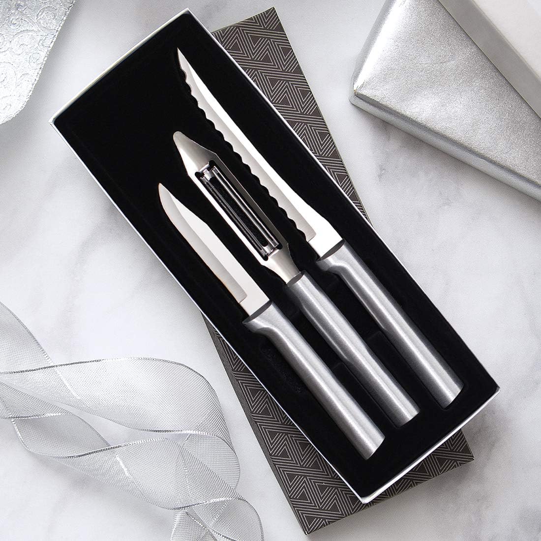 Peel, Pare & Slice Gift Set (S18), Silver Handle | 3-Piece Knife Set , Stainless Steel Blade, Silver Cast Aluminum Handle