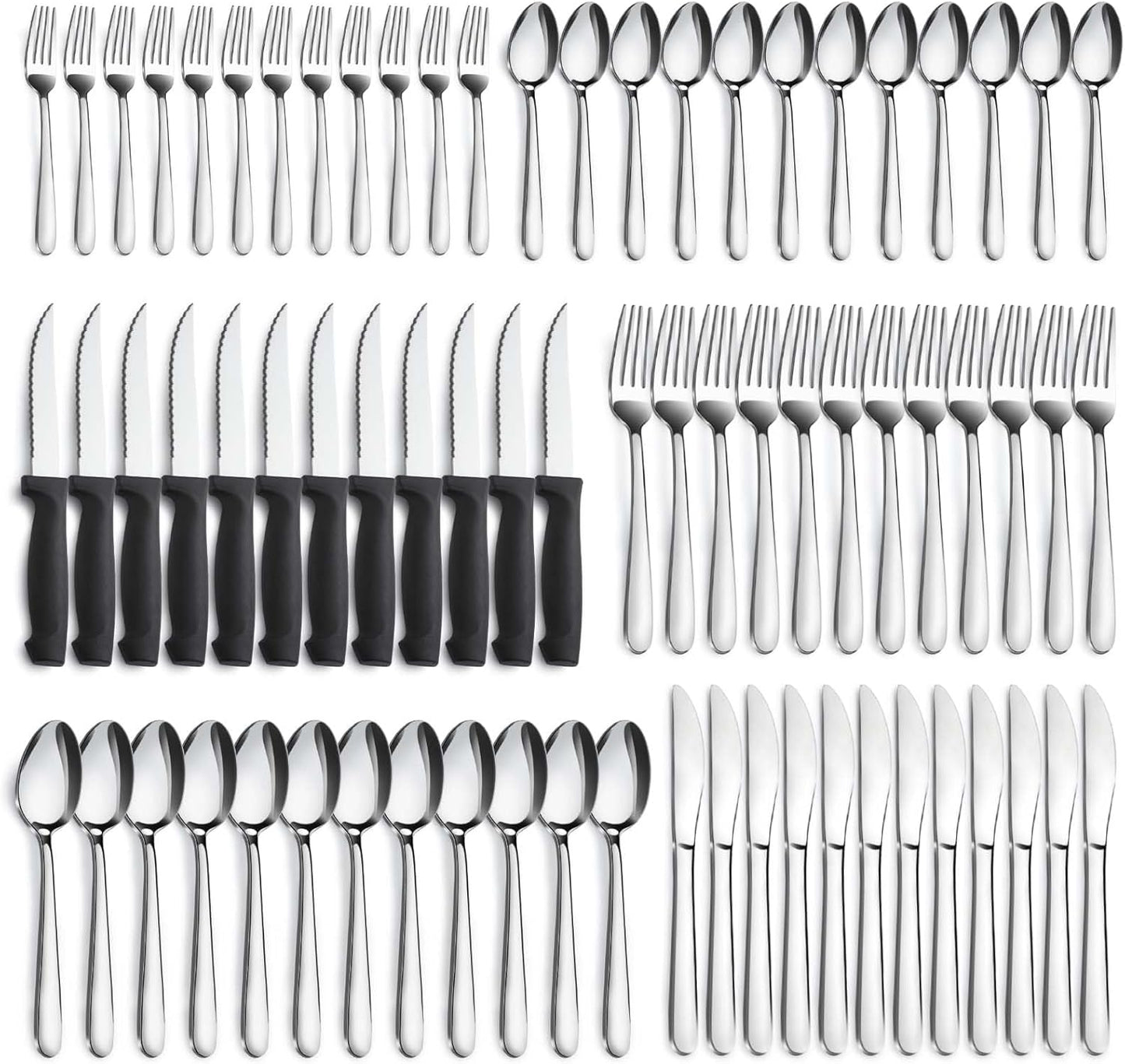 72-Pieces Silverware Set for 12, Flatware Set with Steak Knives, Stainless Steel Cutlery Set, Include Forks Spoons and Knives Set, Dishwasher Safe Utensil Sets for Home Restaurant