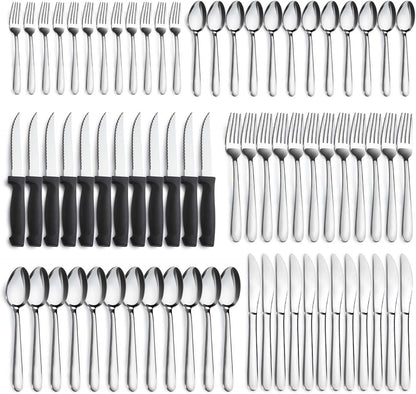 72-Pieces Silverware Set for 12, Flatware Set with Steak Knives, Stainless Steel Cutlery Set, Include Forks Spoons and Knives Set, Dishwasher Safe Utensil Sets for Home Restaurant