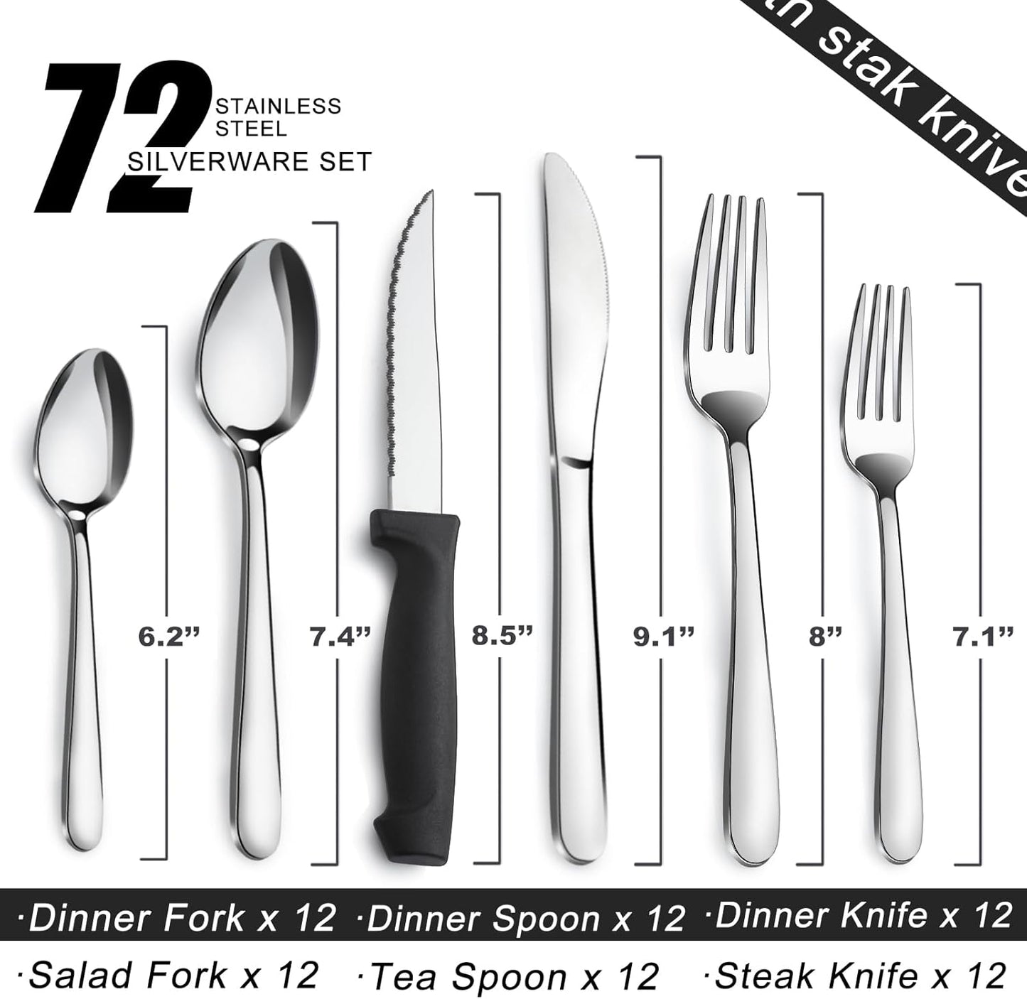 72-Pieces Silverware Set for 12, Flatware Set with Steak Knives, Stainless Steel Cutlery Set, Include Forks Spoons and Knives Set, Dishwasher Safe Utensil Sets for Home Restaurant