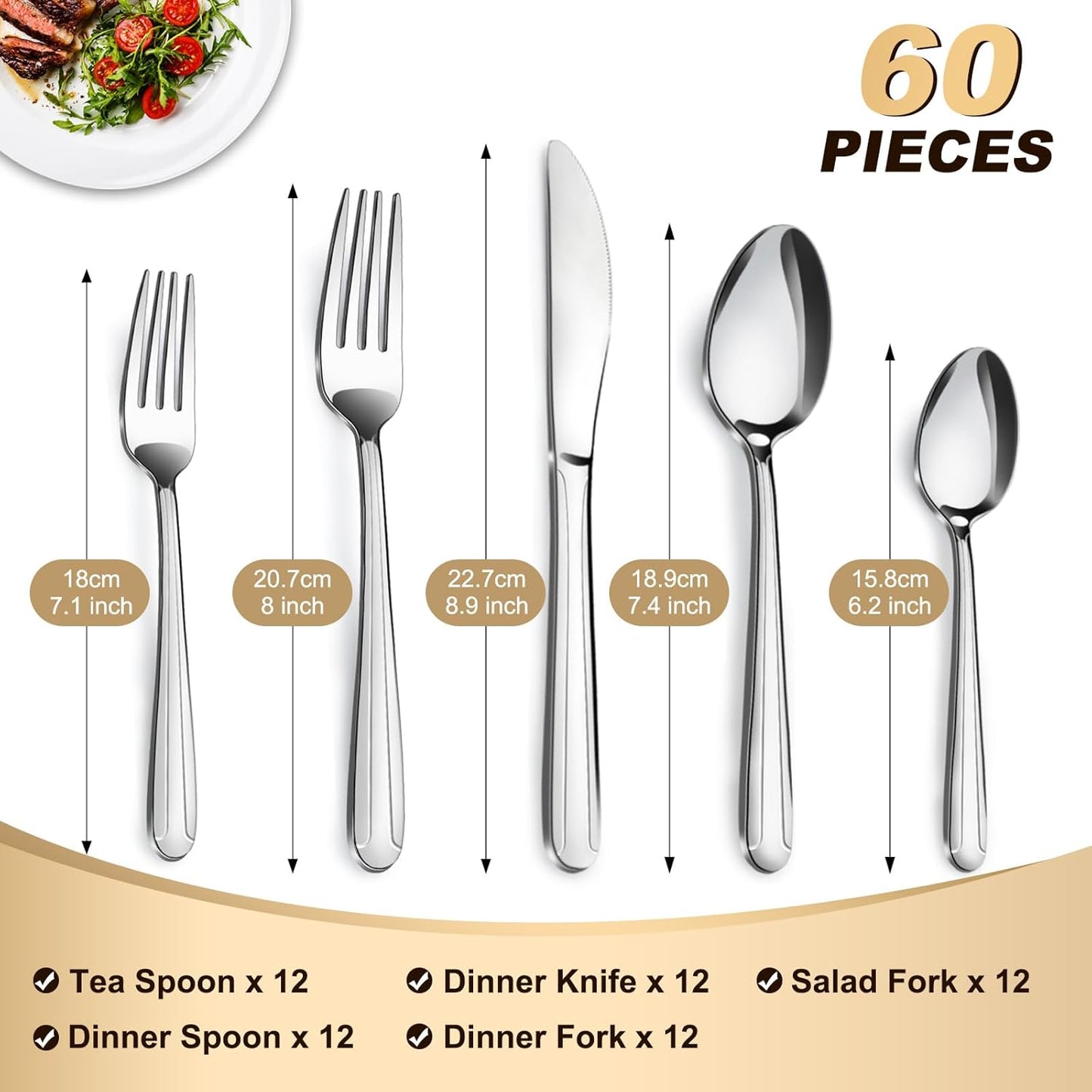 72-Pieces Silverware Set for 12, Flatware Set with Steak Knives, Stainless Steel Cutlery Set, Include Forks Spoons and Knives Set, Dishwasher Safe Utensil Sets for Home Restaurant