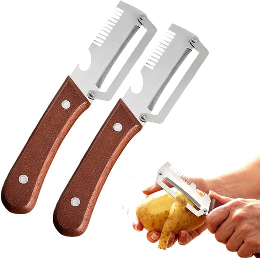 Multi-Functional Vegetable Peeler for Kitchen, 2026 New Stainless Steel Peeler with Wooden Handle and Bottle Opener, Kitchen Tool for Fruit Veggie Pumpkin, Gifts for Mom (Brown，2PCS)