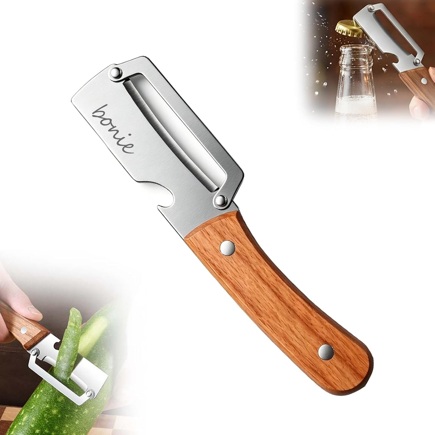 Multi-Functional Vegetable Peeler for Kitchen, 2026 New Stainless Steel Peeler with Wooden Handle and Bottle Opener, Kitchen Tool for Fruit Veggie Pumpkin, Gifts for Mom (Brown，2PCS)
