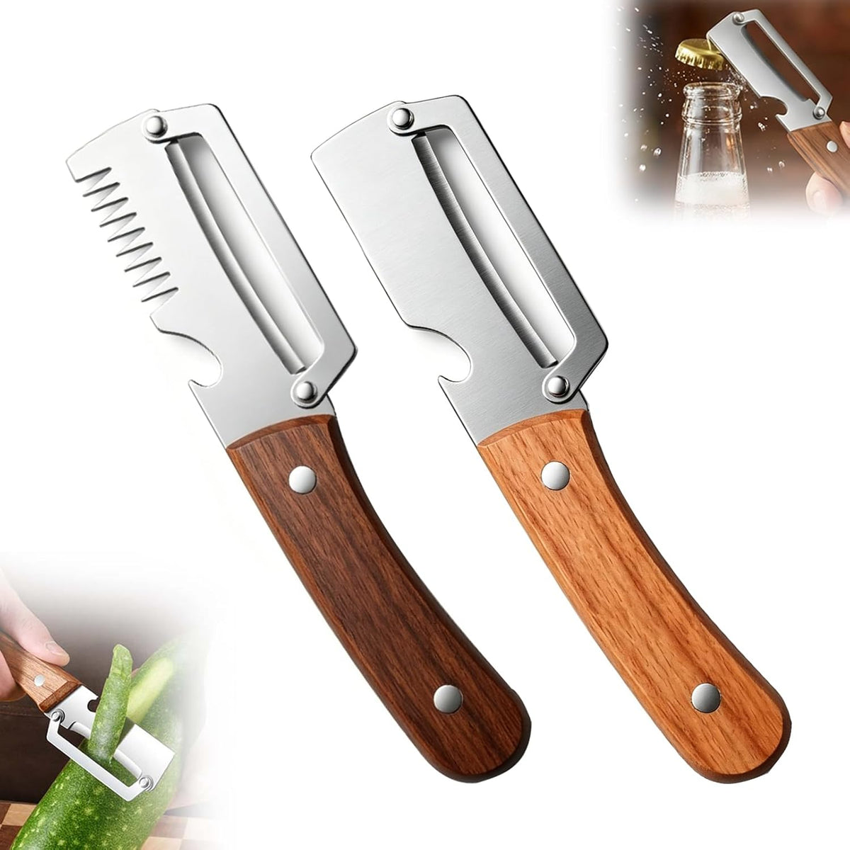 Multi-Functional Vegetable Peeler for Kitchen, 2026 New Stainless Steel Peeler with Wooden Handle and Bottle Opener, Kitchen Tool for Fruit Veggie Pumpkin, Gifts for Mom (Brown，2PCS)