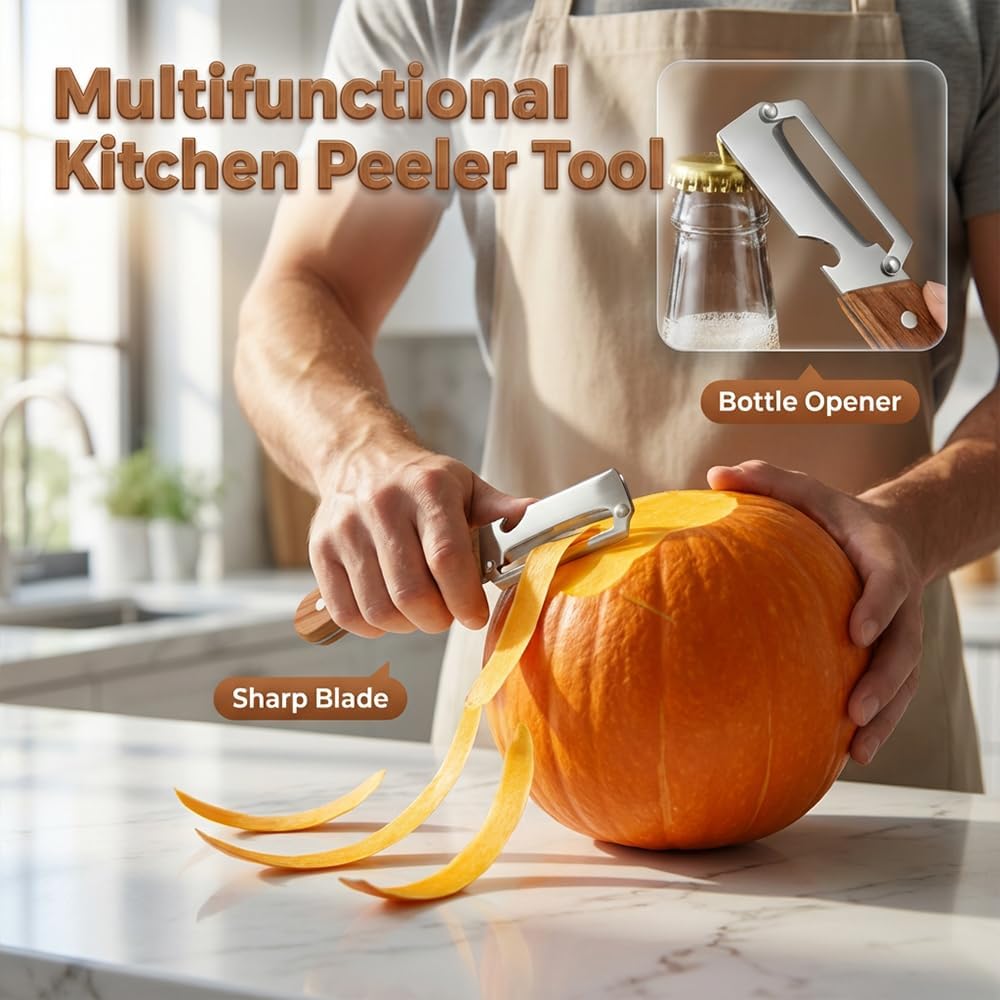 Multi-Functional Vegetable Peeler for Kitchen, 2026 New Stainless Steel Peeler with Wooden Handle and Bottle Opener, Kitchen Tool for Fruit Veggie Pumpkin, Gifts for Mom (Brown，2PCS)