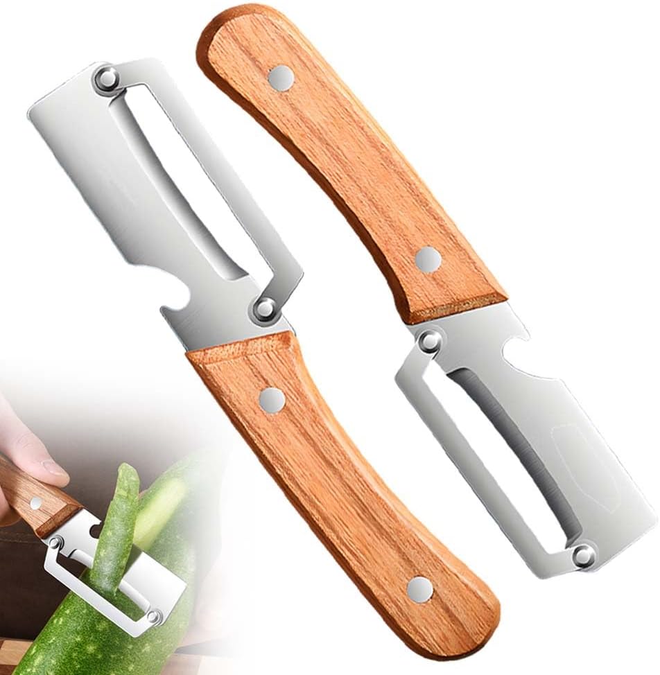 Multi-Functional Vegetable Peeler for Kitchen, 2026 New Stainless Steel Peeler with Wooden Handle and Bottle Opener, Kitchen Tool for Fruit Veggie Pumpkin, Gifts for Mom (Brown，2PCS)