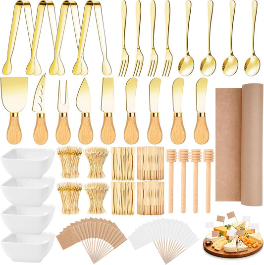 270 Pcs Charcuterie Board Accessories Charcuterie Utensils Cheese Spreader Knife Set Butcher Paper Roll Serving Tong Fork Spoon Dipping Bowl Cocktail Pick for Party Christmas Wedding(Gold)