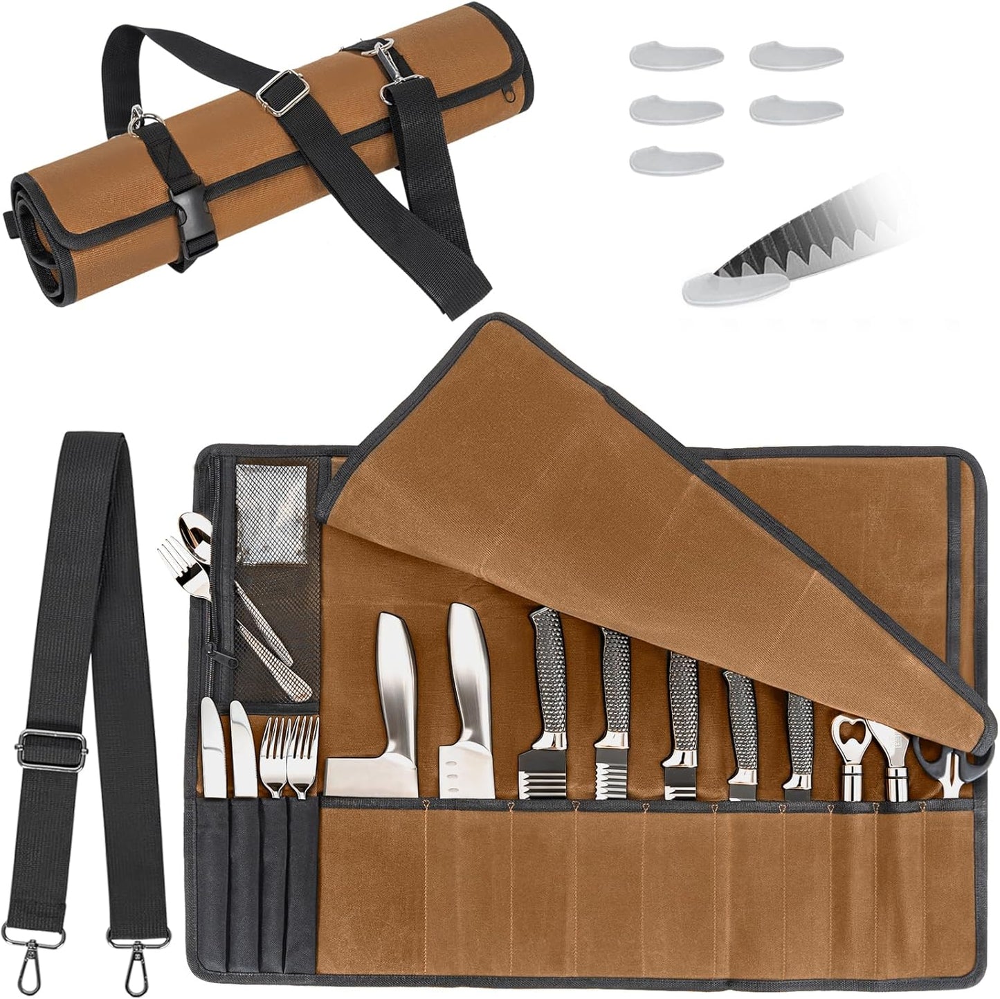 Chef Knife Roll Bag,Knife Roll Bag,Knife Bags for Chefs Professional,Knives Bag,Portable Chef Knife Cases with 14 Slots and Adjustable Shoulder Strap (Bag Only),Brown