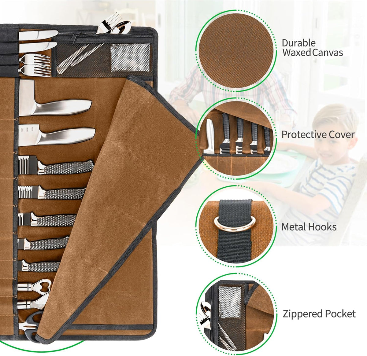 Chef Knife Roll Bag,Knife Roll Bag,Knife Bags for Chefs Professional,Knives Bag,Portable Chef Knife Cases with 14 Slots and Adjustable Shoulder Strap (Bag Only),Brown