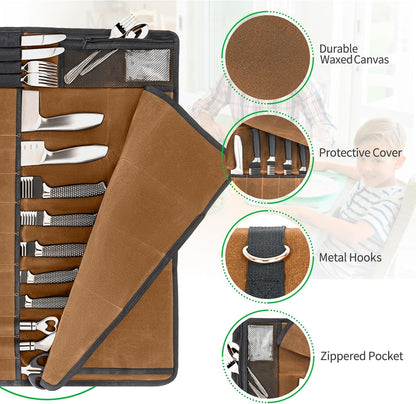 Chef Knife Roll Bag,Knife Roll Bag,Knife Bags for Chefs Professional,Knives Bag,Portable Chef Knife Cases with 14 Slots and Adjustable Shoulder Strap (Bag Only),Brown