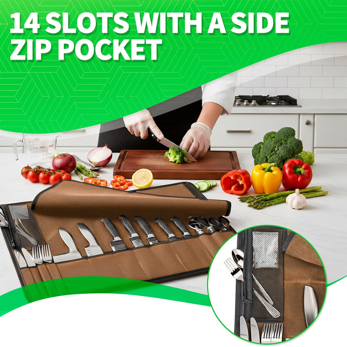 Chef Knife Roll Bag,Knife Roll Bag,Knife Bags for Chefs Professional,Knives Bag,Portable Chef Knife Cases with 14 Slots and Adjustable Shoulder Strap (Bag Only),Brown