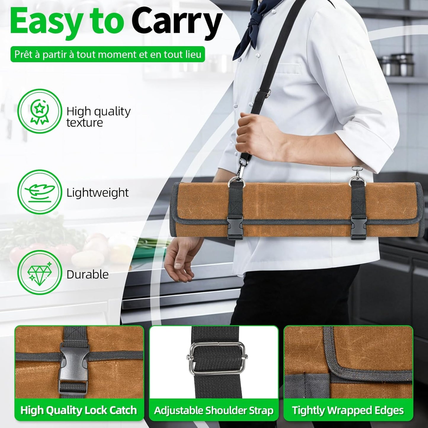 Chef Knife Roll Bag,Knife Roll Bag,Knife Bags for Chefs Professional,Knives Bag,Portable Chef Knife Cases with 14 Slots and Adjustable Shoulder Strap (Bag Only),Brown