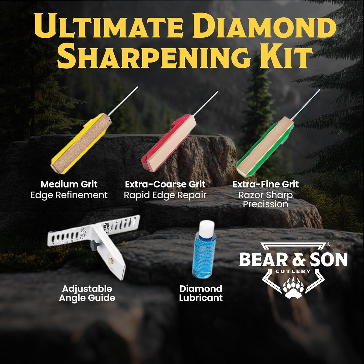 Edgemate 3-Stone Adjustable Knife Sharpening System with Clamp – Professional Sharpener Kit for Kitchen, Utility and Outdoor Knives – Coarse, Medium, Fine Hones with Storage Case and Honing Oil