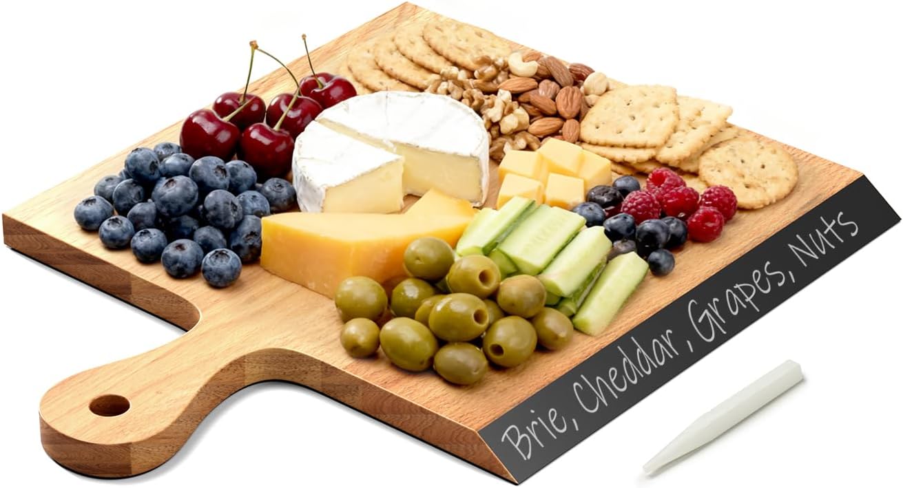Acacia Wood Cutting Board with Handle, 2-in-1 Reversible Charcuterie Board & Chopping Board, Large 17"x13" Chalkboard Edge Serving Board for Meat & Cheese, Fruit and Nuts, Christmas Gift