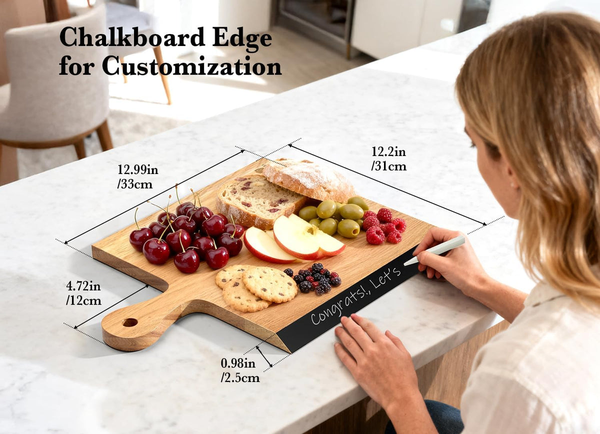 Acacia Wood Cutting Board with Handle, 2-in-1 Reversible Charcuterie Board & Chopping Board, Large 17"x13" Chalkboard Edge Serving Board for Meat & Cheese, Fruit and Nuts, Christmas Gift