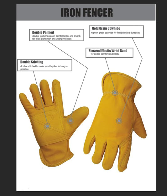 Iron Fencer Leather Work Glove - 207 Large Golden Stag Cowhide Leather Fencing Gloves for Men Heavy Duty Double Palm, Guantes de Trabajo, Ranch, 207L