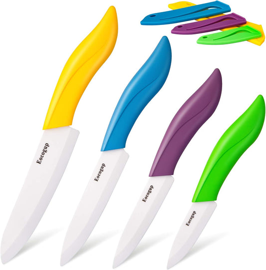 Ceramic Knife Set, 4-Piece Colored Kitchen Knives with Sheaths | Includes 3" paring, 4" fruit, 5" utility & 6" chef knife, sharp ceramic blades for home kitchen prep, colorful covers