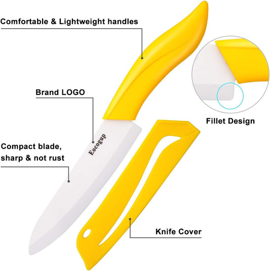 Ceramic Knife Set, 4-Piece Colored Kitchen Knives with Sheaths | Includes 3" paring, 4" fruit, 5" utility & 6" chef knife, sharp ceramic blades for home kitchen prep, colorful covers