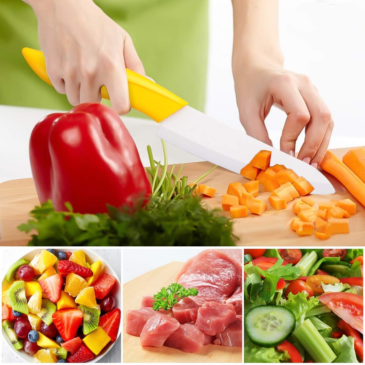 Ceramic Knife Set, 4-Piece Colored Kitchen Knives with Sheaths | Includes 3" paring, 4" fruit, 5" utility & 6" chef knife, sharp ceramic blades for home kitchen prep, colorful covers