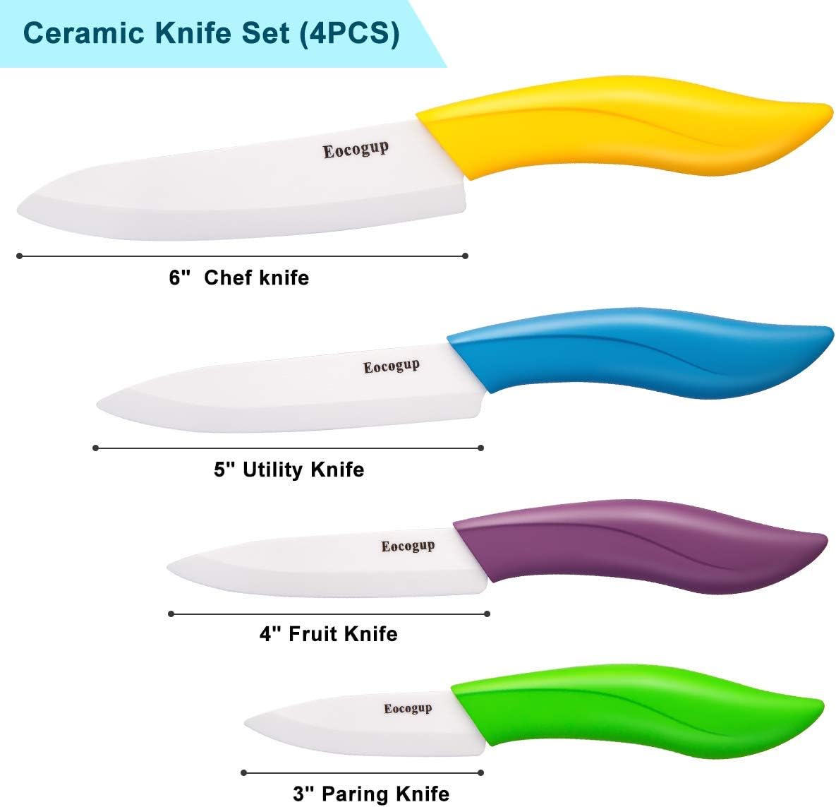 Ceramic Knife Set, 4-Piece Colored Kitchen Knives with Sheaths | Includes 3" paring, 4" fruit, 5" utility & 6" chef knife, sharp ceramic blades for home kitchen prep, colorful covers