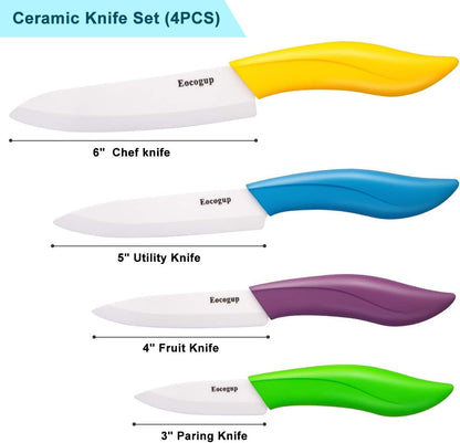 Ceramic Knife Set, 4-Piece Colored Kitchen Knives with Sheaths | Includes 3" paring, 4" fruit, 5" utility & 6" chef knife, sharp ceramic blades for home kitchen prep, colorful covers
