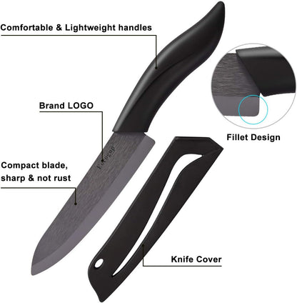 Ceramic Knife Set, 4-Piece Colored Kitchen Knives with Sheaths | Includes 3" paring, 4" fruit, 5" utility & 6" chef knife, sharp ceramic blades for home kitchen prep, colorful covers