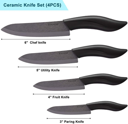 Ceramic Knife Set, 4-Piece Colored Kitchen Knives with Sheaths | Includes 3" paring, 4" fruit, 5" utility & 6" chef knife, sharp ceramic blades for home kitchen prep, colorful covers