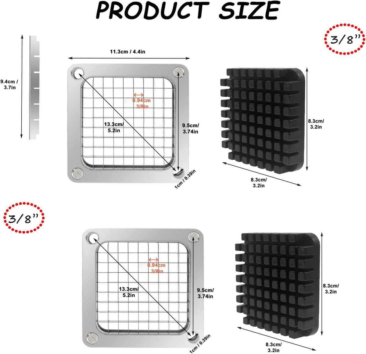 2Pcs 1/4''Replacement Chopper Blade, Commercial Vegetable Chopper Dicer Stainless Steel Blade and Pusher Block for Fruit Cutting Machine Tomato onion French Fries Cutter