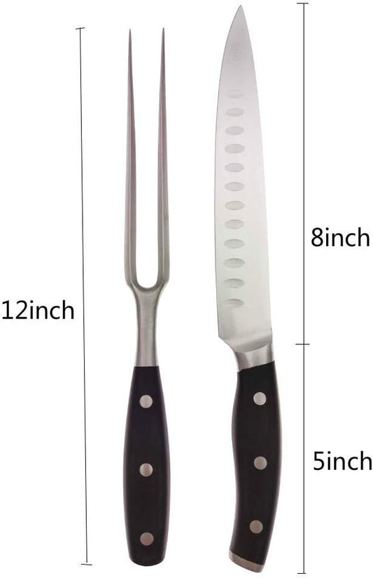 Carving Knife and Fork Set - with 8" Carving Knife &8" Straight Metal Fork Triple-Rivet German Steel Forged Kitchen Carving Set, Professional Meat Carving Knife Gourmet BBQ Tool Set