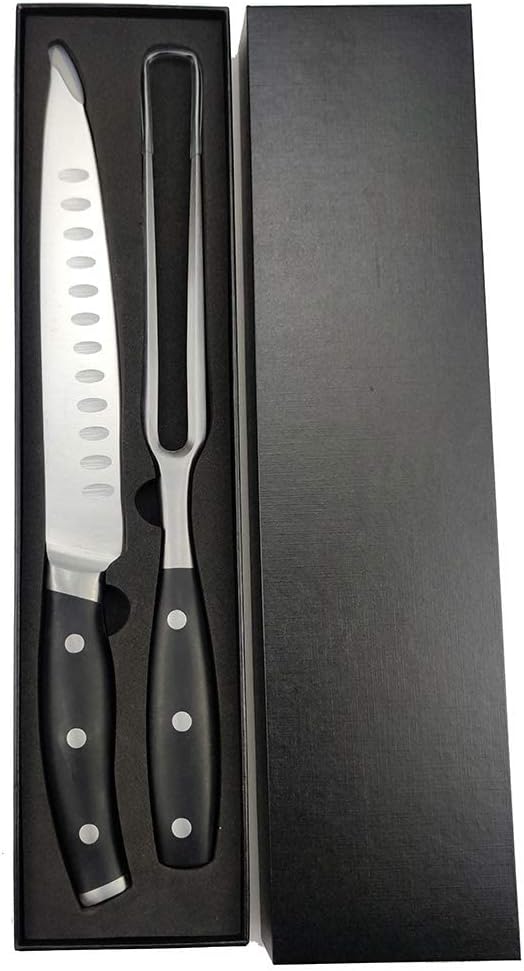 Carving Knife and Fork Set - with 8" Carving Knife &8" Straight Metal Fork Triple-Rivet German Steel Forged Kitchen Carving Set, Professional Meat Carving Knife Gourmet BBQ Tool Set