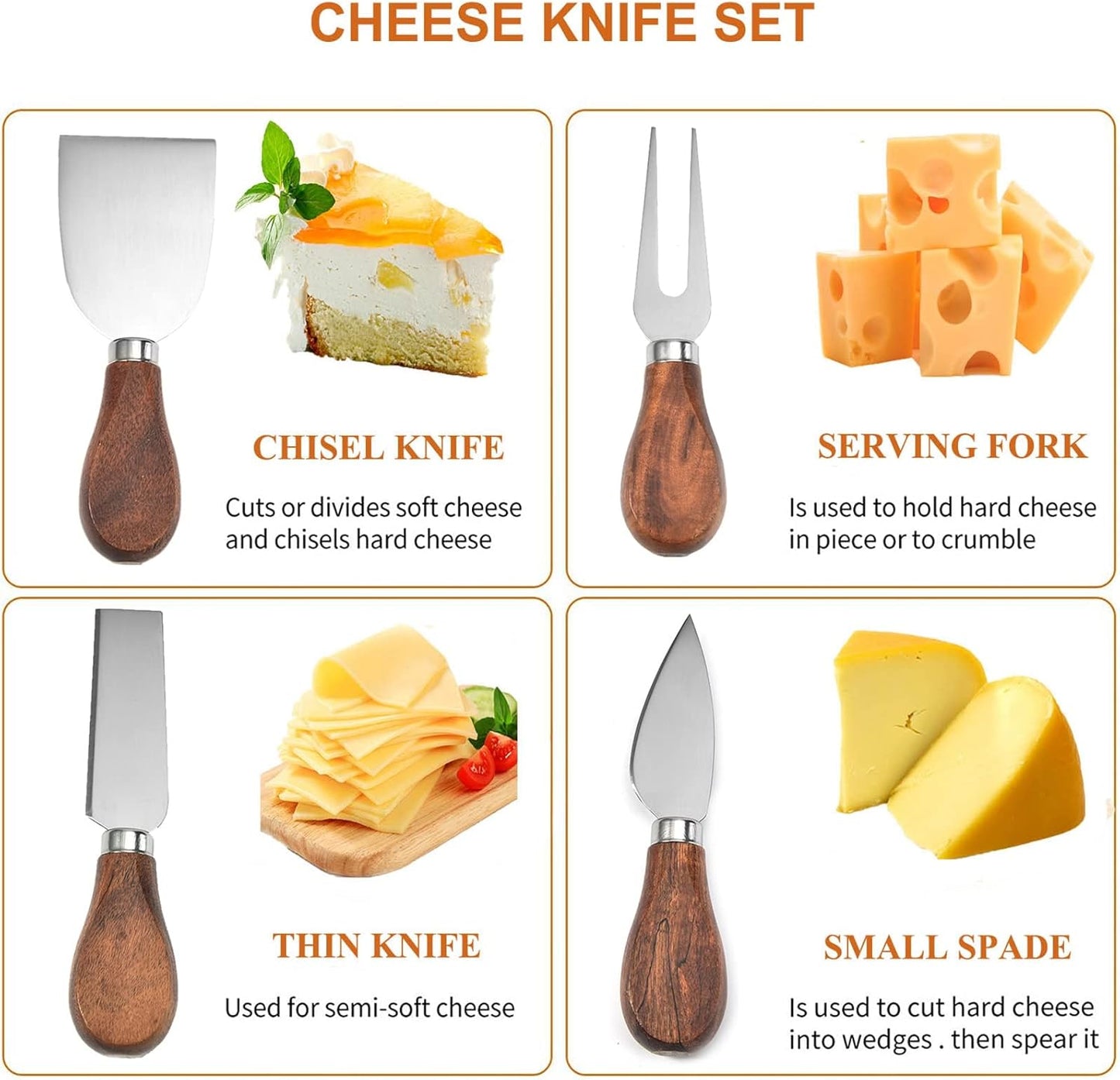 Exquisite 4-Piece Cheese Knives Set,Complete Stainless Steel Cheese Knife Collection(Acacia Wood Handle),Gift-Ready